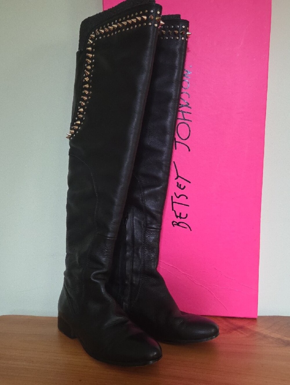 Betsey Johnson Shanah Black Leather Studded Knee High Riding Boots